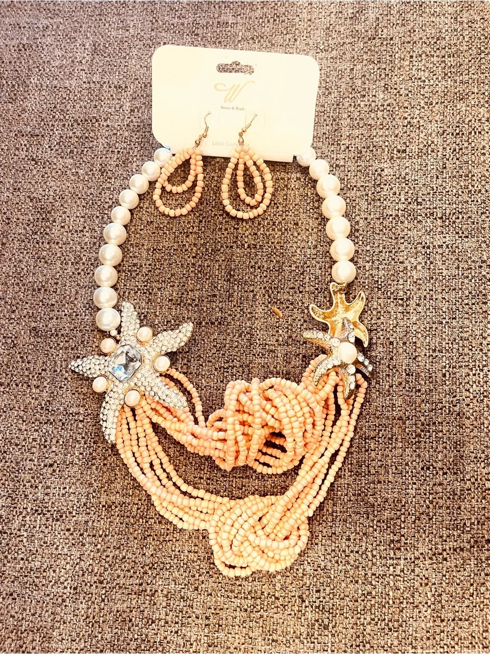 Statement Peach Beaded Necklace & Earring Set with Pearl Accents